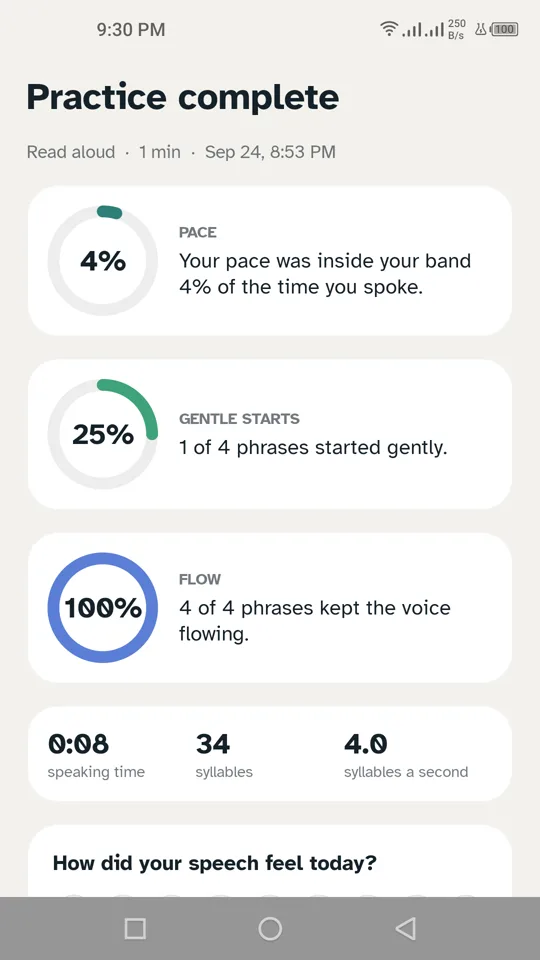 Focus & Flow screen: practice result
